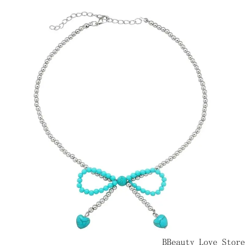 قلادة سلسلة ذوي الياقات الرجعية الكلاسيكية مزين بتصميم قلب القوس وحجر الفيروز للتفصيل يوميًا #1