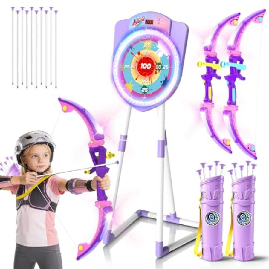

Indoor outdoor LED bow and arrow set for kids, ABS plastic, blue and red, auto-scoring light-up target with 10 suction cup arro