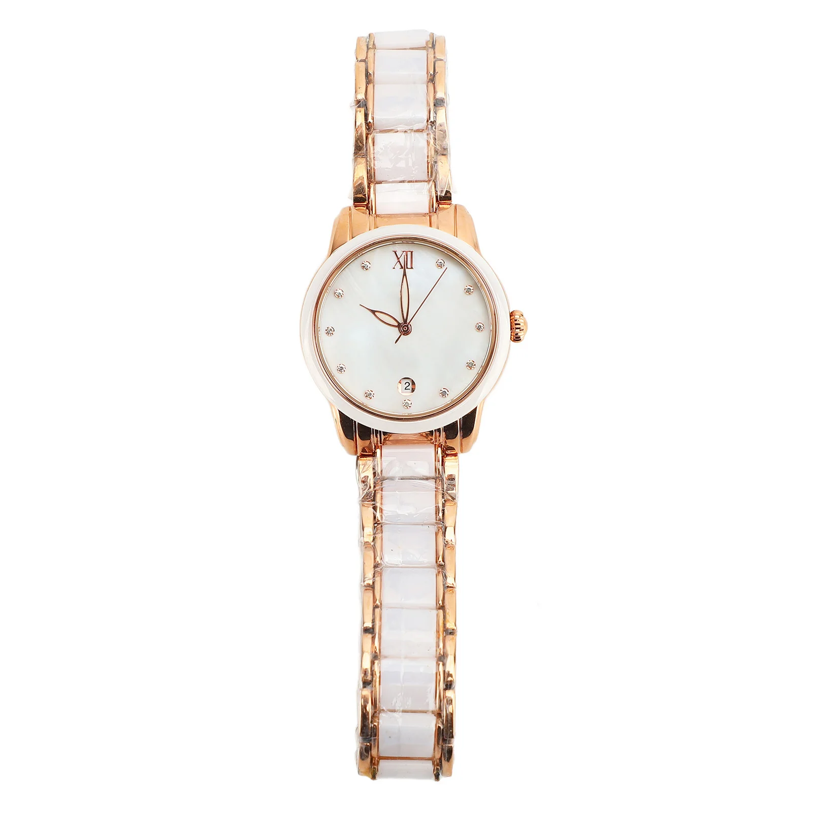 Women Quartz Watch Rhinestone Decoration Ceramic Stainless Steel Band Water Resistant Wrist Watch with Date Rose Gold