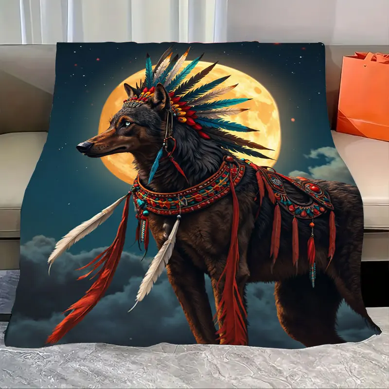 

1pc Flannel Blanket Native Spirit Wolf Blanket with Feathers and Moon Scene