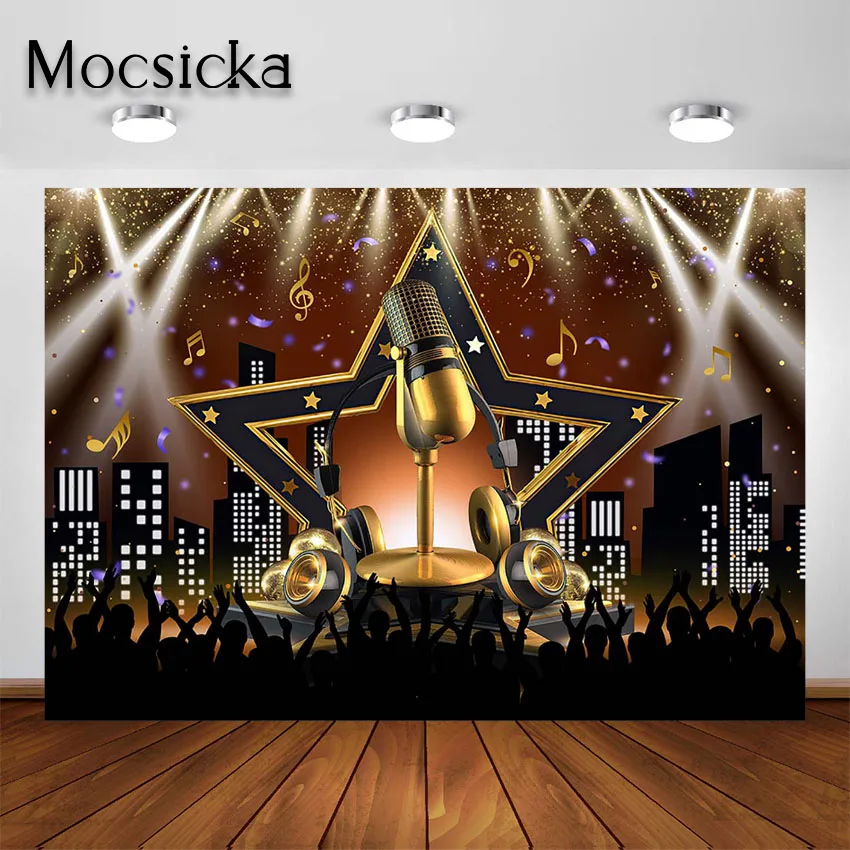 

Mocsicka Karaoke Party Backdrop Night Show Microphone Karaoke Theme Photo Background Star Vacation Party Decorations Photoshoot