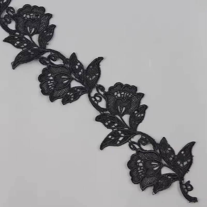 1 Yard de Tissu en Dentelle Brodé de Fleurs Blanches et Noires, Bordure Guipure pour Couture DIY, Applique Décorative Artisanale