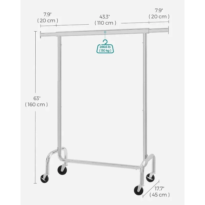 Clothes Rack with Wheels, Heavy-Duty Garment Rack with Extendable Hanging Rod, 286.6 lb Load Capacity, Clothing