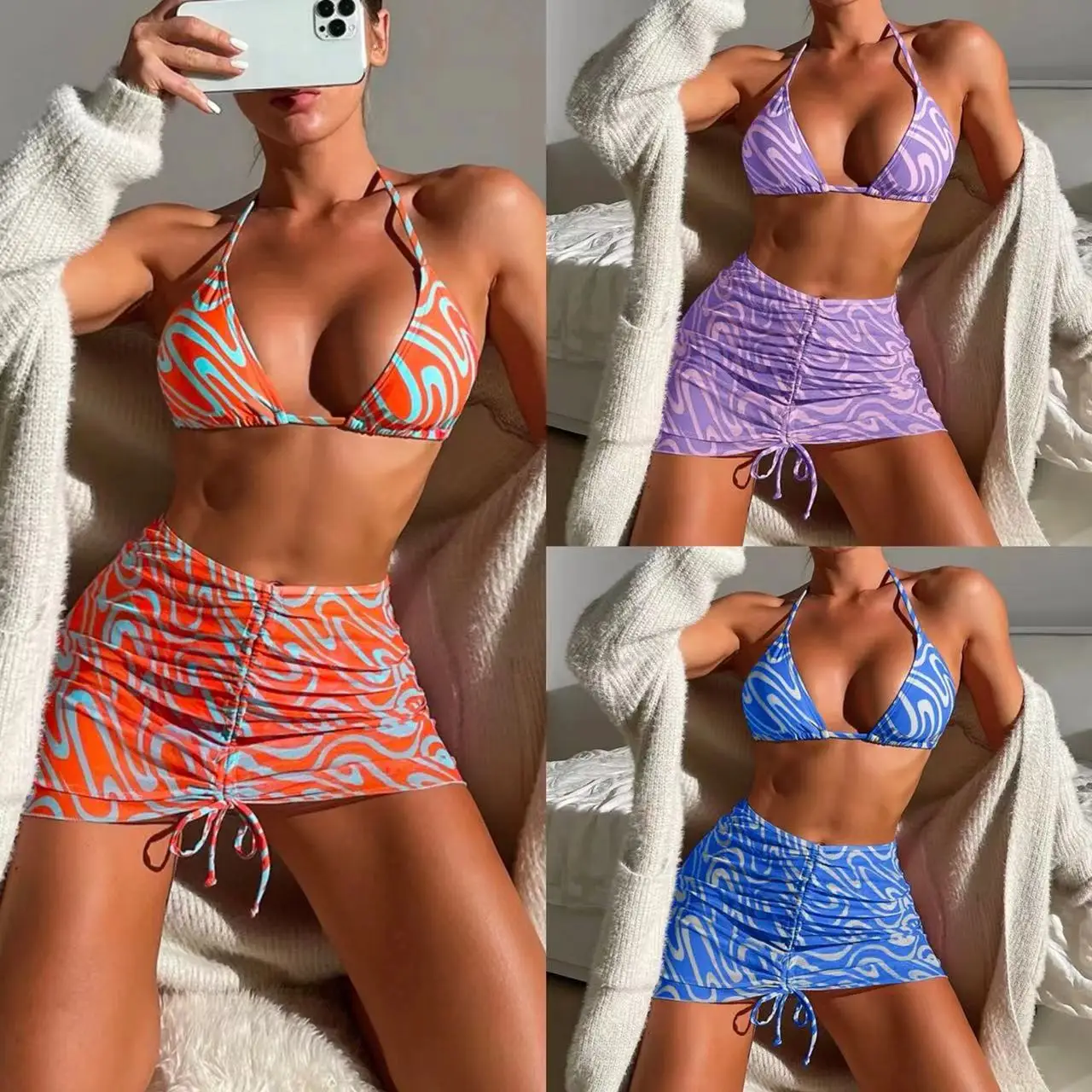 جديد كامل طباعة نمط الحمالة مثلث بيكيني ملابس السباحة مع تنورة الشاطئ #1
