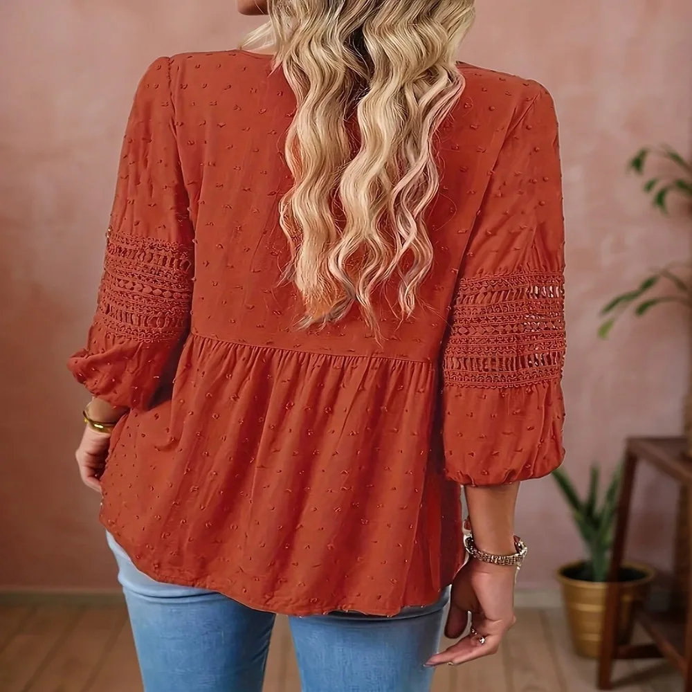 حجم كبير المرأة طويلة الأكمام الخامس الرقبة بلون زر الدانتيل قميص أعلى المرأة الربيع/الخريف أزياء الترتان نمط قميص #3