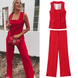 TRAF Pant Sets Women's Suits Summer Set Woman 2 Pieces Pants And Top Red Trousers Sets Tailoring Set Vacation Outfits Woman 2024