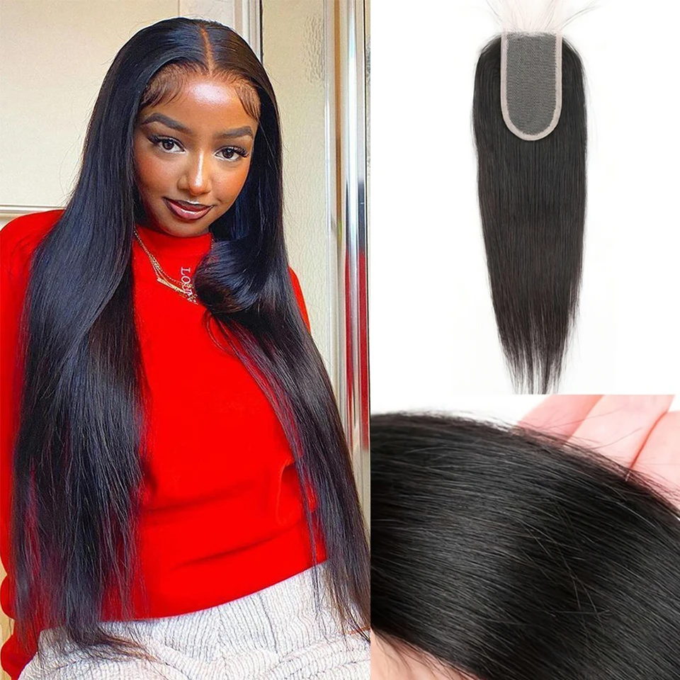 Straight Human Hair Lace Closure 2x4  Hand Tied with Pre-plucked Baby Hairs Middle Part Natural Color for All Women