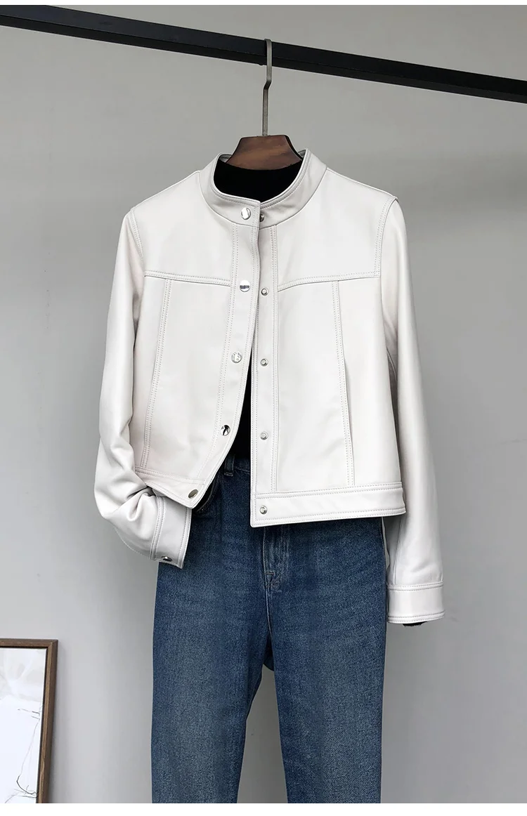 Lautaro Spring Autumn Short White Soft Pu Leather Jacket Women Stand Collar Long Sleeve Elegant Chic Luxury Designer Clothing
