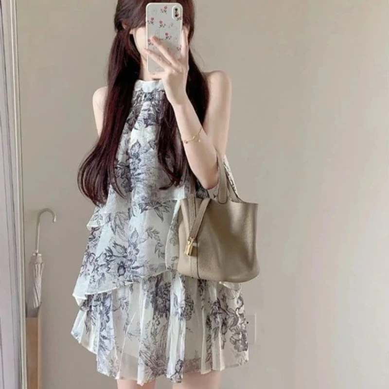 Ladylike Style 2026 Summer Trendy Ink Wash Print Halter Sleeveless Top Skirt Two Piece Women Set