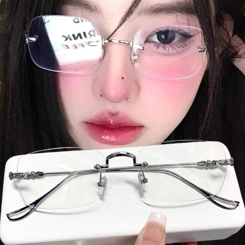 แว่นตาทรงสี่เหลี่ยมเล็กไร้กรอบสไตล์เกาหลีสำหรับผู้หญิง แว่นกันแดดเรโทร ฮาราจูกุ แว่นตาป้องกันแสงสีฟ้า แฟชั่น Y2K