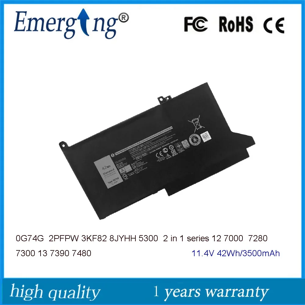 

11.4V 42Wh New 0G74G 2PFPW 3KF82 8JYHH Laptop Battery for Dell Latitude 5300 5310 2 in 1 12 7000 14 7400 7480 13 7390 E7480