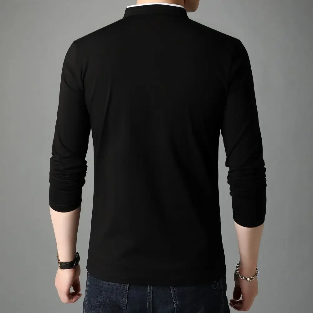 Simple Comfortable Atmosphere T-shirt Solid Cotton Small Standing Neck Top Men's Business Casual Long Sleeve W5655