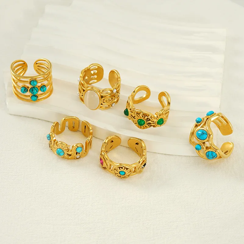 ยุโรปวินเทจไทเทเนียมเหล็กเปิดแหวน Turquoise 18K Gold Plated กันน้ําไม่แพ้เครื่องประดับนิ้วมือสําหรับของขวัญผู้หญิง