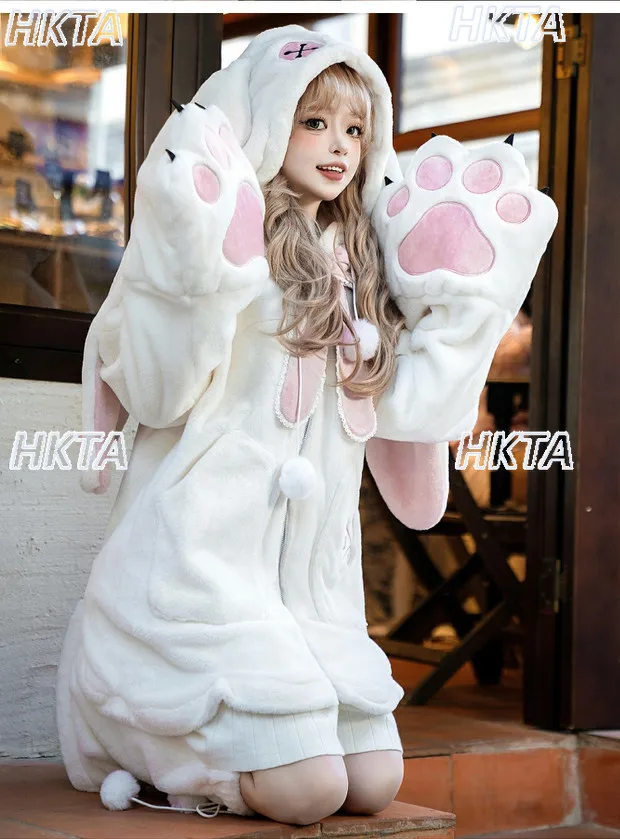 Original Lolita Furry Coat Winter New Daily Cute Girl Embroidered Hooded Warm Fur Coats Leg Warmers Set Winter Clothes Women