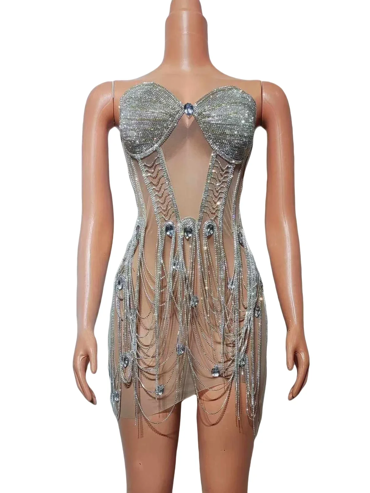 Women Sleeveless Backless Luxury Drill Chain Short Dress Rhinestone Crystals Dressy