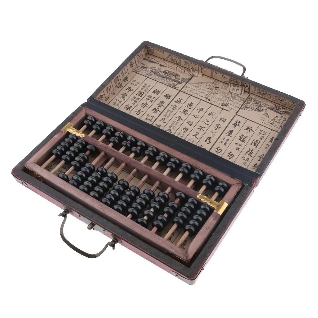 13 Rows Vintage Chinese Wooden Bead Arithmetic Abacus with Box Classic Ancient Calculator Counting Collection Gift Kids Toy