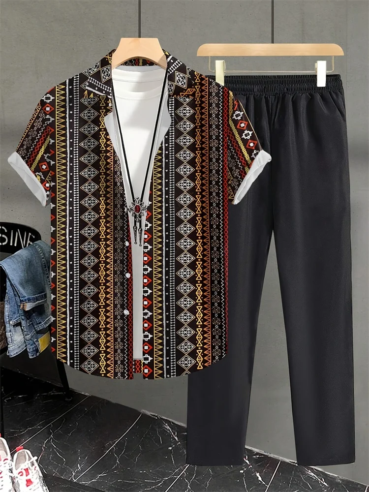 

Retro Ethnic Style Geometric Striped Printed Short-sleeved Suit, Daily Simple And Casual Men's Short-sleeved Shirt And Long Pant