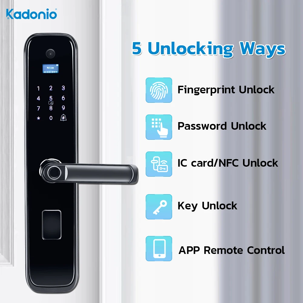 Kadonio Outdoor Digital Keypad Password 5-in-1 Tuya Aluminium Door Fingerprint Smart Camera Lock