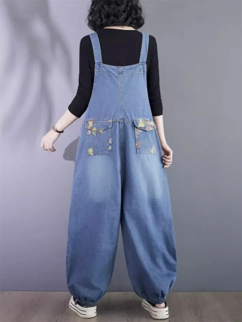 2024 Spring Summer New Artistic Printed Jeans Fashion Harem Pants Loose Big Size Casual Strap Denim Jumpsuit For Women K304