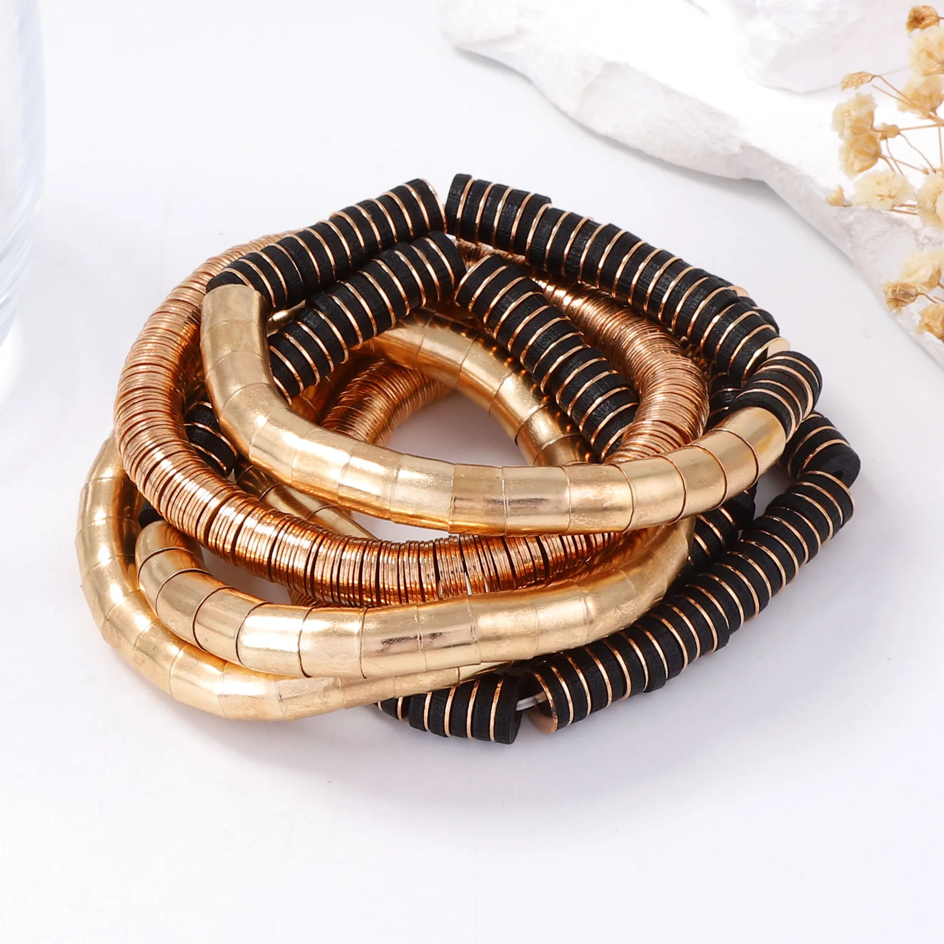 

6 Piece ZAA Metal Section Tubular Wooden Splicing Necklaces Bracelets for Women Holiday Party Jewelry Gifts