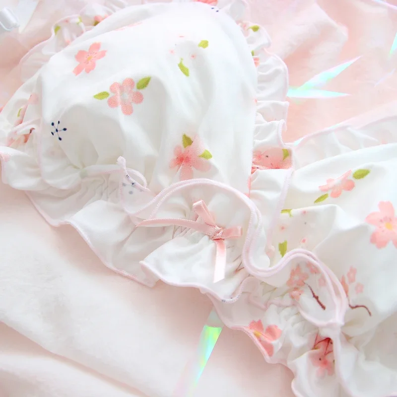 Pink Sakura Cute Japanese Bra & Panties Set Wirefree Soft Underwear Sleep Intimates Set Kawaii Lolita bra and panty set