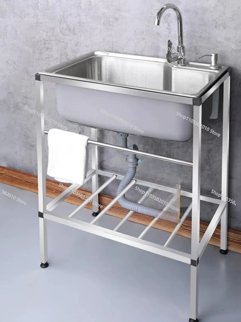 Kitchen Household  Stainless Steel Sink with Stand Floor Washing Basin Single Sink Double Slot Scullery Dishwashing Pool