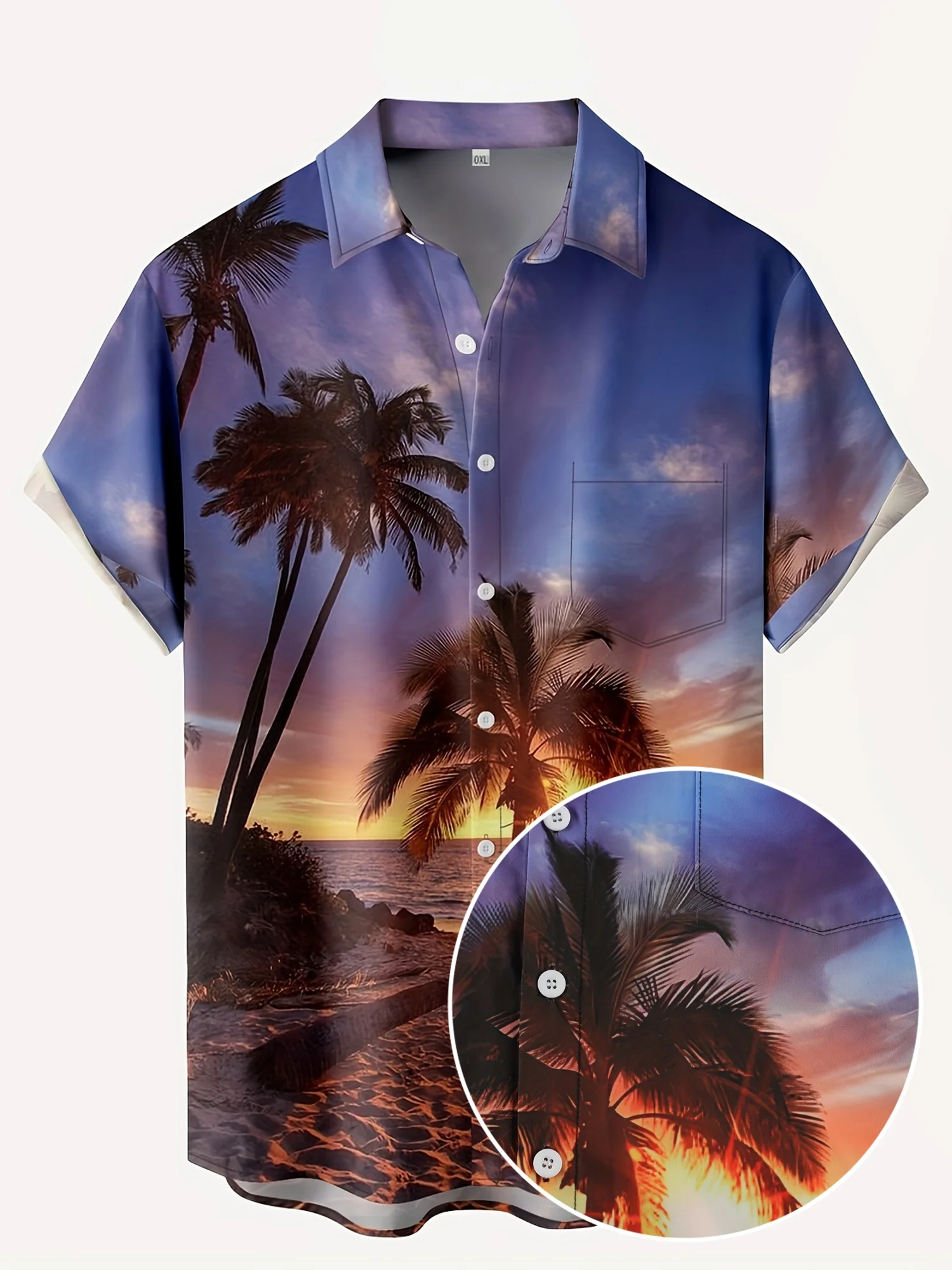 

Men's Casual Palm Tree Beach Sunset Short Sleeve Shirt With Pocket, Male Hawaiian Shirt For Summer Beach Vacation