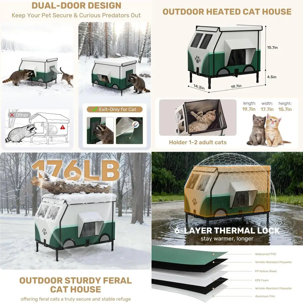 

Всепогодный изолированный уличный укрытие для кошек, приподнятый дом для нескольких кошек, спасательная дверь, зеленый, 19,7x14,2x15,7