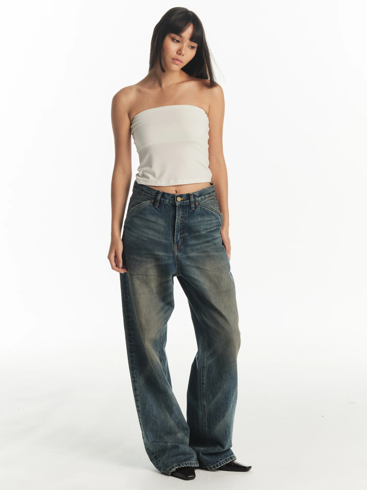 

Joeyono Low Waist Wide Leg Jeans Women's Loose Fit Vintage Washed Leather Tag Denim Pants Summer Cotton Straight Cut Trousers