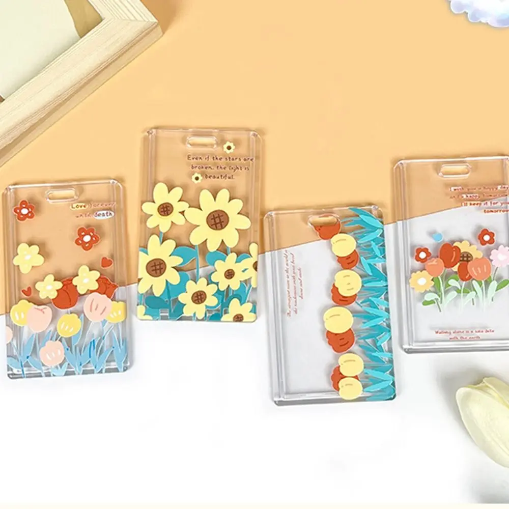 Hanging Neck Transparent Card Holder Double-sided Viewing Keychain Flower Card Case Card Sleeve Sliding Closure