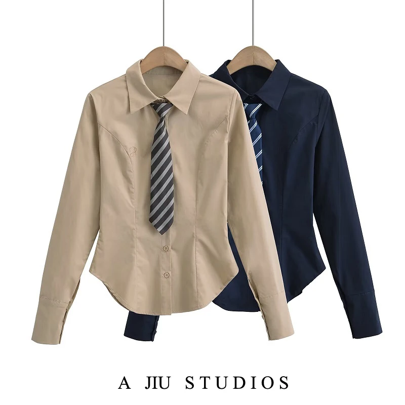 

American Sle Embroidered College Girl irt with Belt Long Sve Women's Spring Autumn Slim Fit Waist Cinching Slimming Top