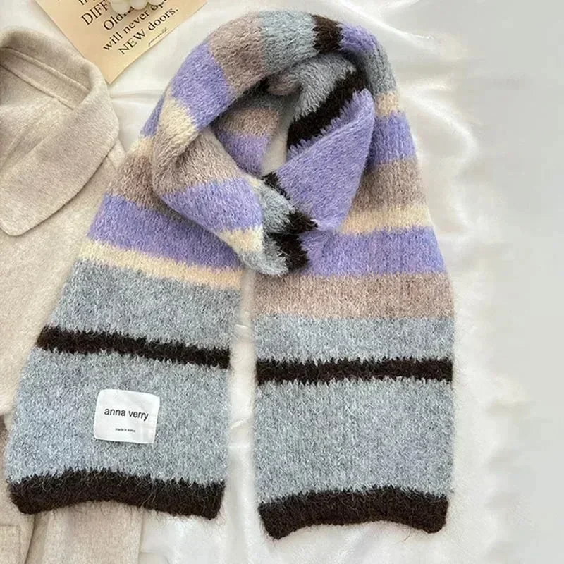 Splice Color Thickened Striped Knitted Scarf Fashion Solid Cashmere Winter Scarf Women Thick Warm Neckerchief Elegant Scarves