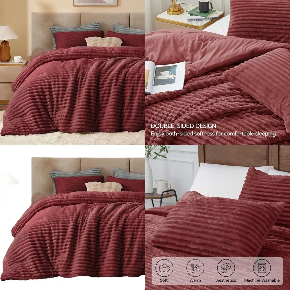 

Luxury Plush Burgundy Comforter Set - Cozy & Warm Fluffy Bedding with 2 Pillowcases for Winter