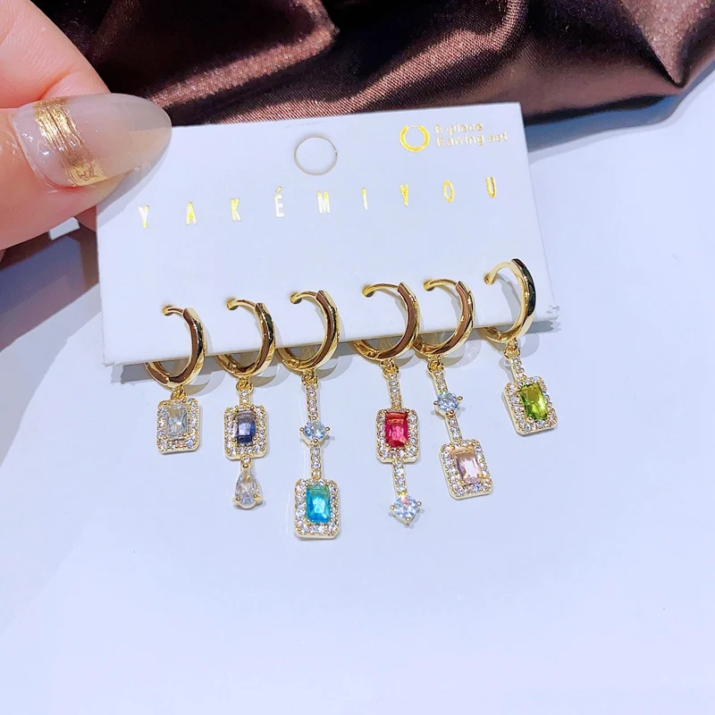 MIGGA 6pcs Luxury Cubic Zirconia Crystal Dangle Earrings Set for Women Gold Color Plated Copper Jewelry