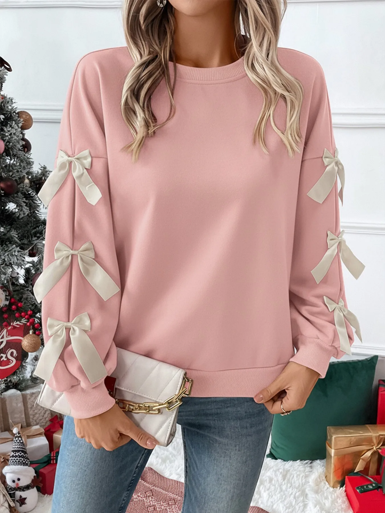 Round Neck Bow Sweatshirt Regular Length Sweet and Fresh with Pullover Patchwork Regular Sleeve Autumn Loose Fit Women Hoodie