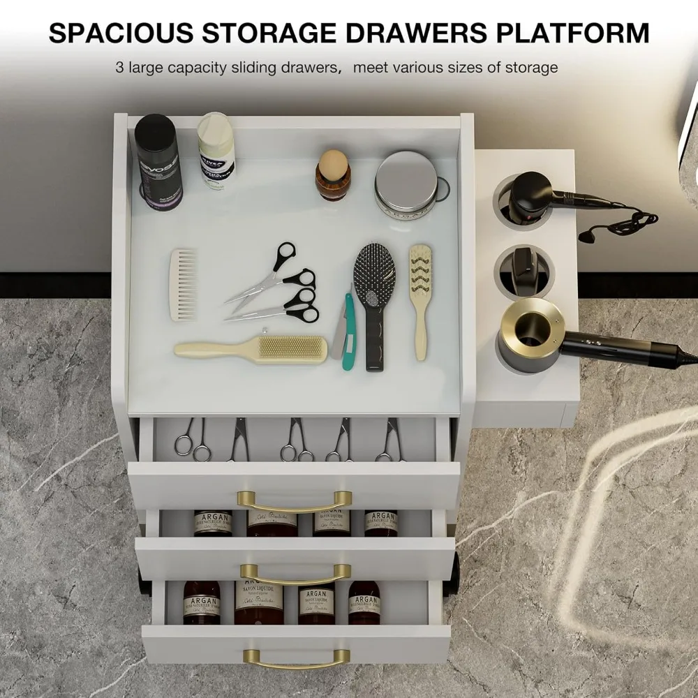 محطة صالون مكونة من 4 طبقات لمصفف الشعر، محطة تخزين حلاقة بيضاء مع سطح زجاجي، 3 أدراج، حاملات مجفف الشعر