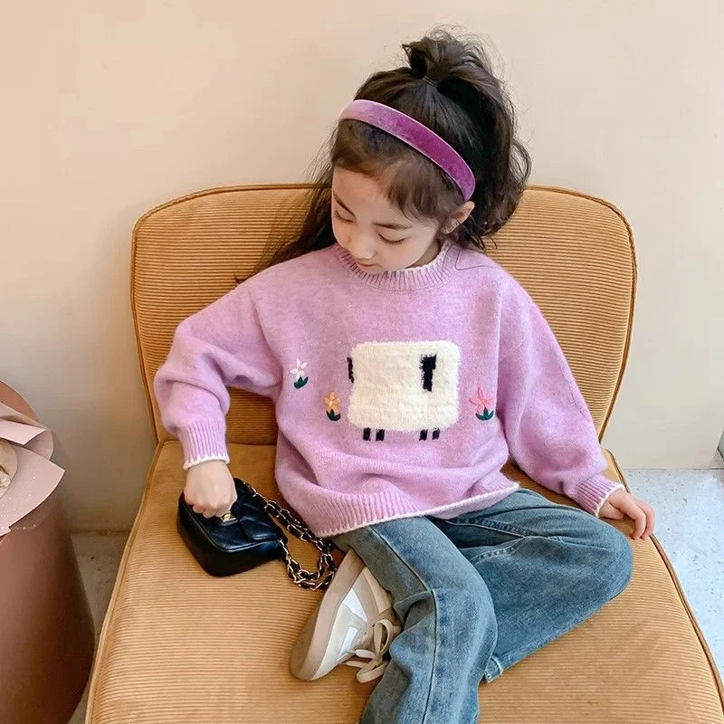 

Свитер для девочек, шерстяное пальто, детские топы, вязаный 2024 фиолетовый утепленный теплый зимний осенний школьный пуловер, рождественский подарок, детская одежда