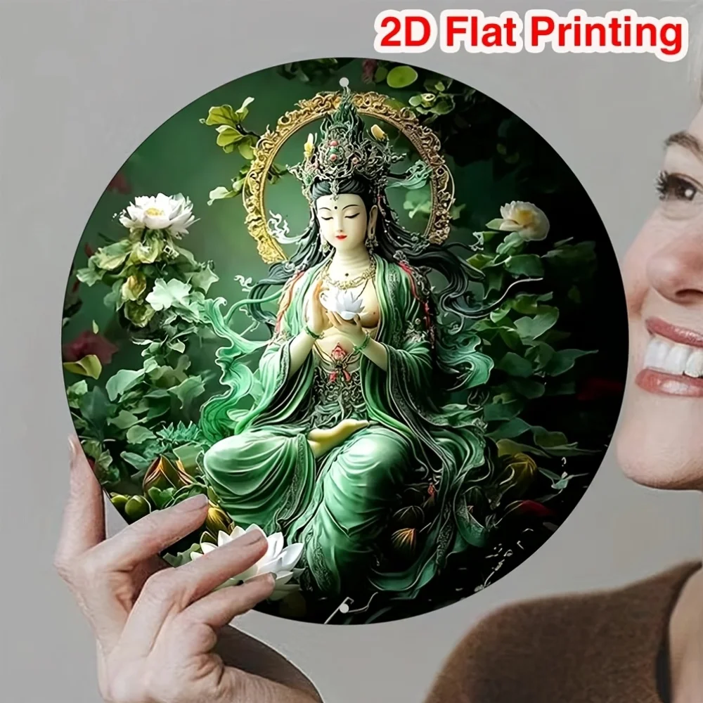 2D Flat, 1pc, Emerald Green Tara with White Lotus Theme, Round Metal Sign, Suitable for Patios, Kitchens, Home Offices
