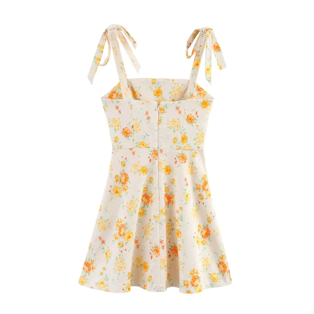 Women's Gorgeous Orange Floral Poplin Bow Dress Elegant Short Straight-neck Dress with Bow Straps Vacation Flower Printing Dress