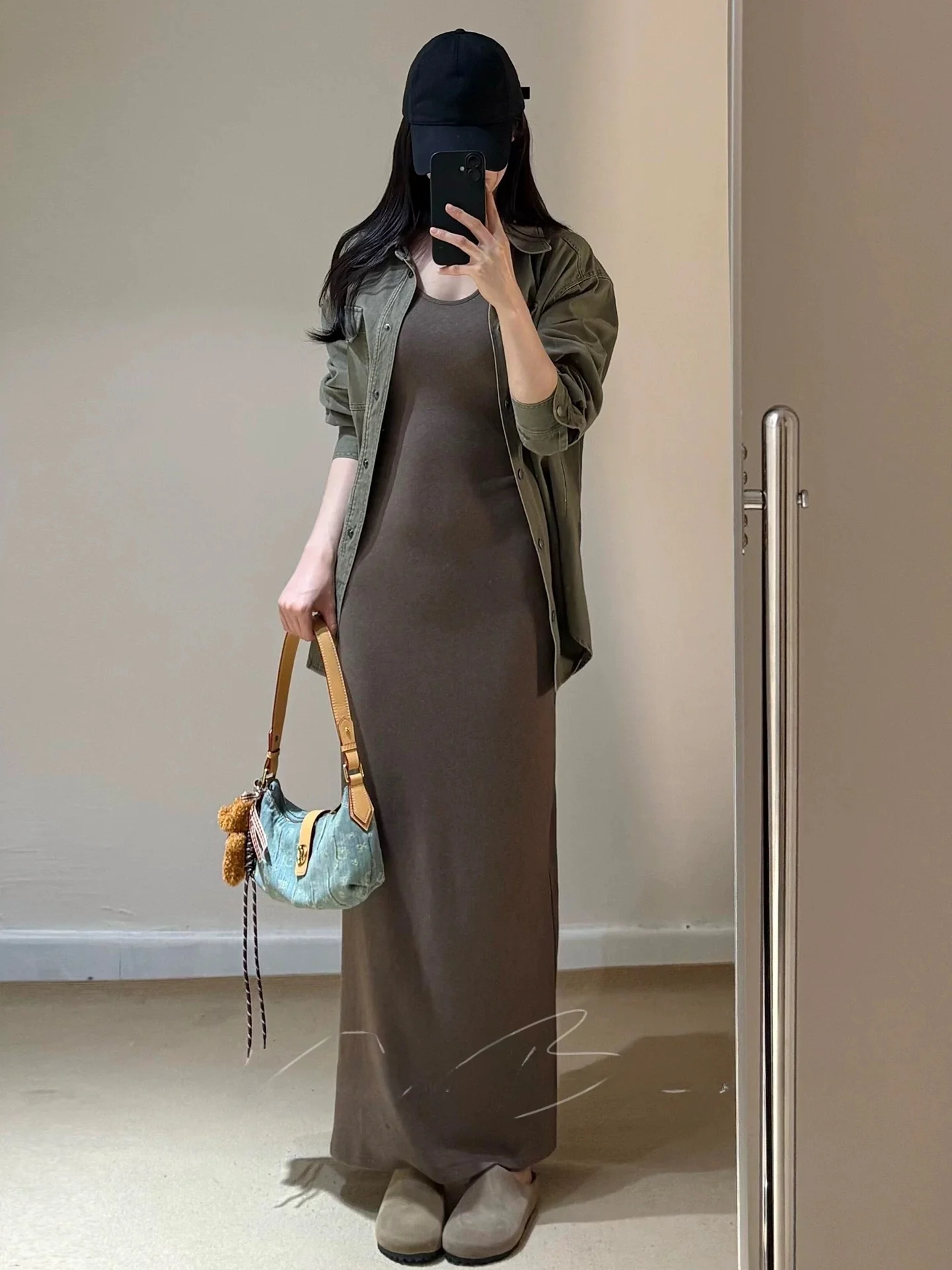 

Slim Fit Knitted U-Ne Long Sve Dr Women's Loose Collar Hidden Button Workwear irt Jaet High Waist Midi Pure Color