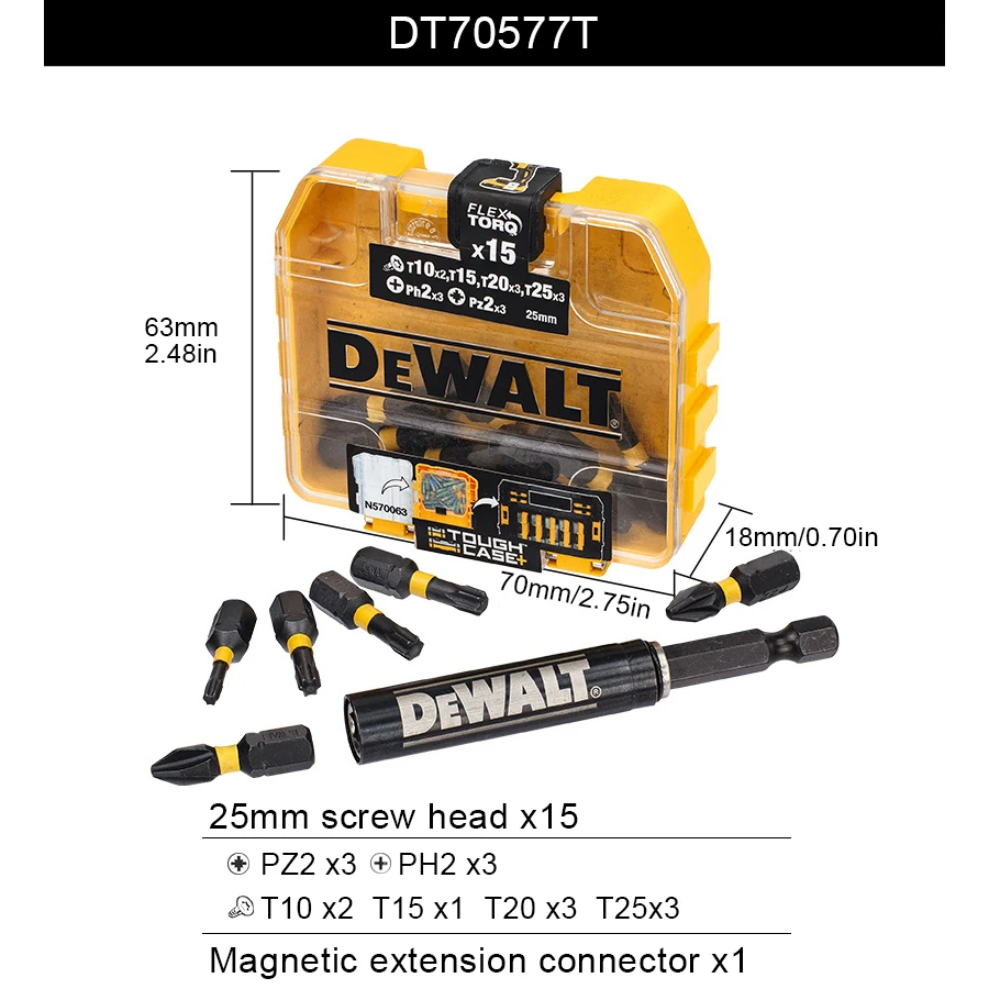 DEWALT 16PCS Original Screwdriver Bit Set 25mmX15PCS Torx/PH/PZ with Magnetic Extension Bit Holder DT70577T-QZ