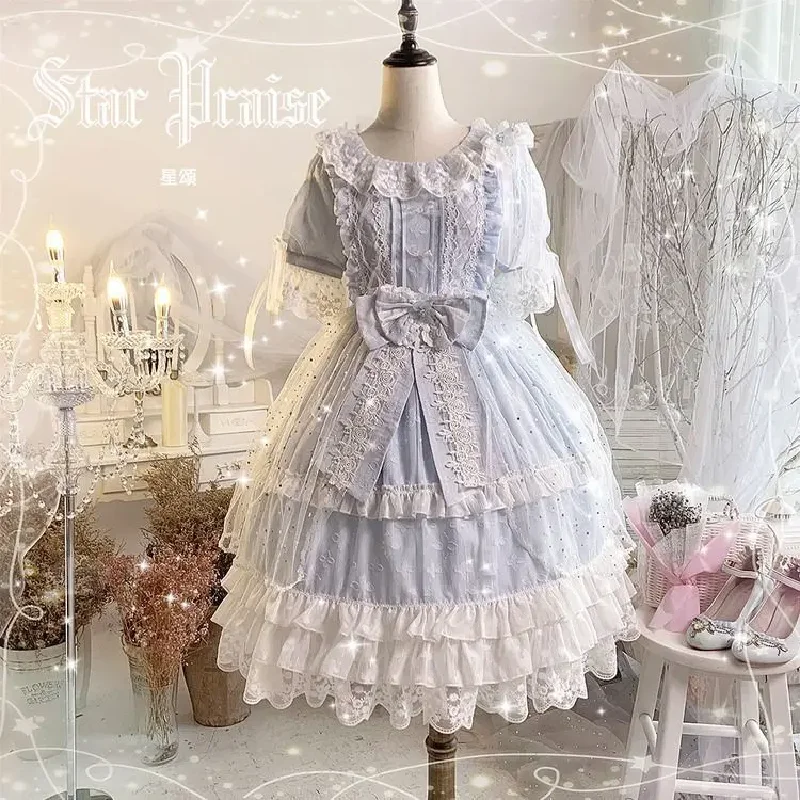 

Retro Palace Gothic Lolita OP Loli Cosoriginal Sweet Lolita Dress Summer Kawaii Girl Fresh Lace Bowknot O-neck Victorian Dress