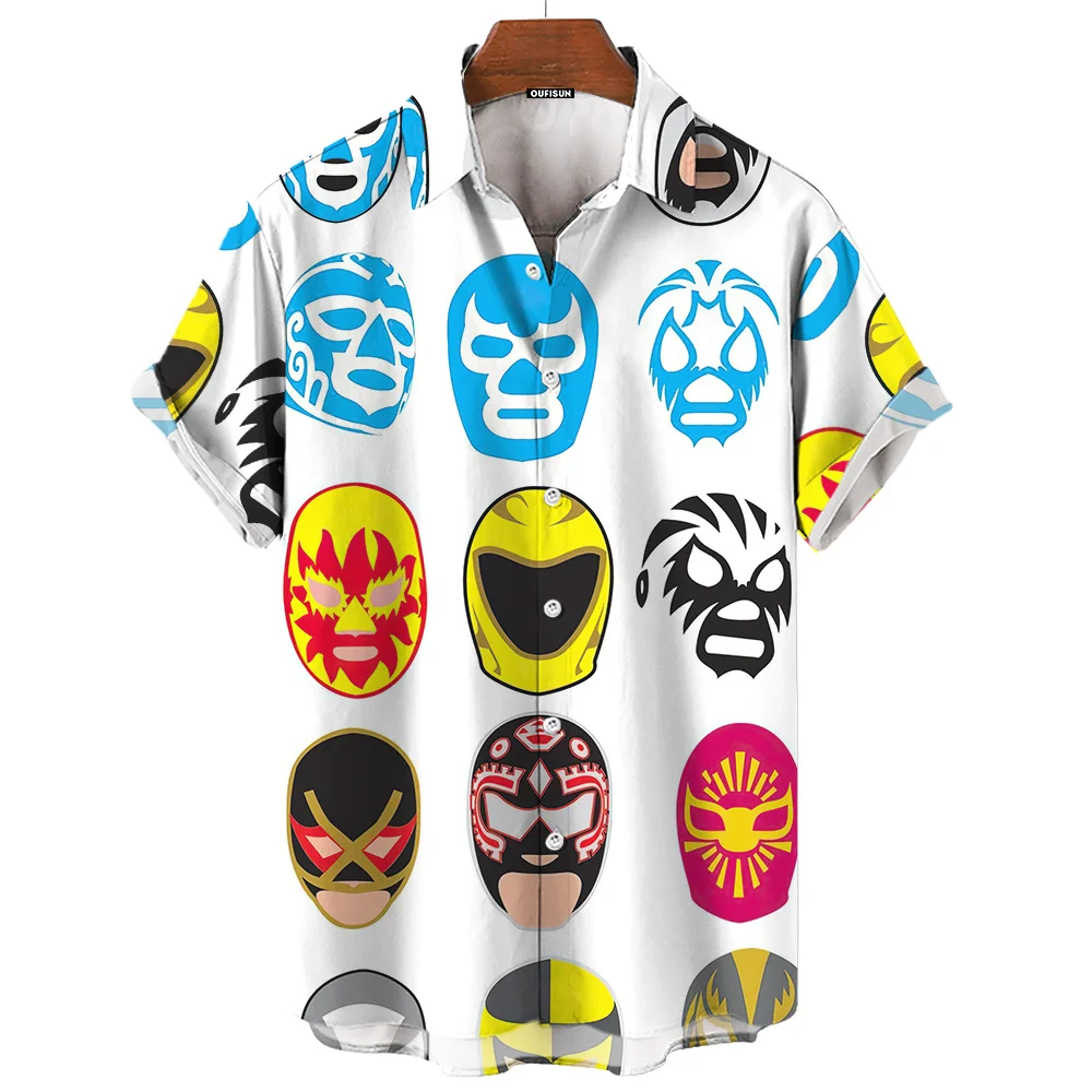 Camisa con estampado de máscara 3d para hombre, camisa de manga corta de lucha libre, informal, hawaiana, ropa suelta, lucha libre Mexicana