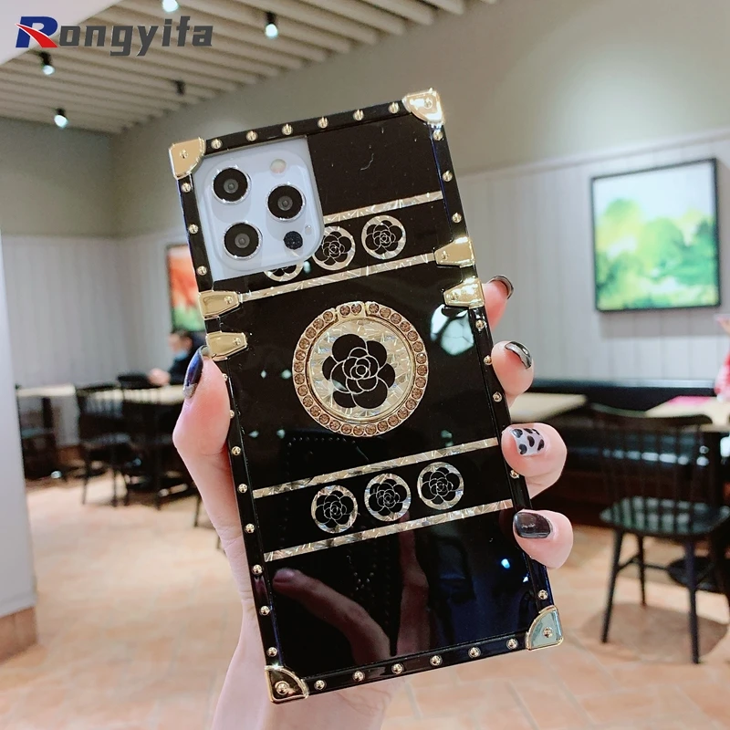 Luxury Square Glitter Retro Camellia Phone Case For Honor 50 30 V30 20 Pro 30S 9X 8X 20i 10i Fashion Diamond Ring Silicone Cover