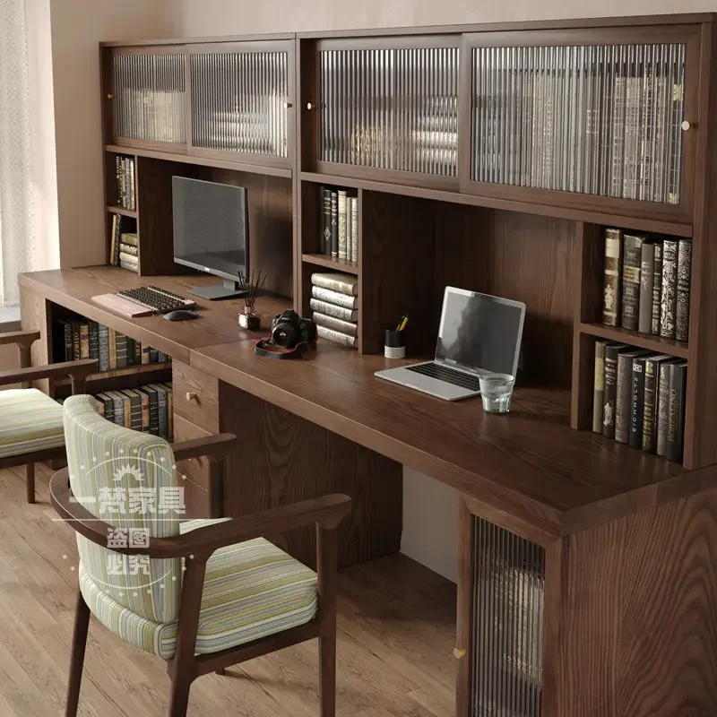 Solid wood desk, bookcase, integrated study room, children's double learning and writing table, household long table
