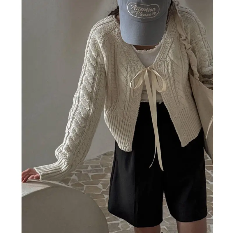 Grey Bow Tie Up Sweater Lady Autumn Winter Sweet Gentle Wind Small Knit Top Sueter Mujer Invierno 2024 Summer Cardigan