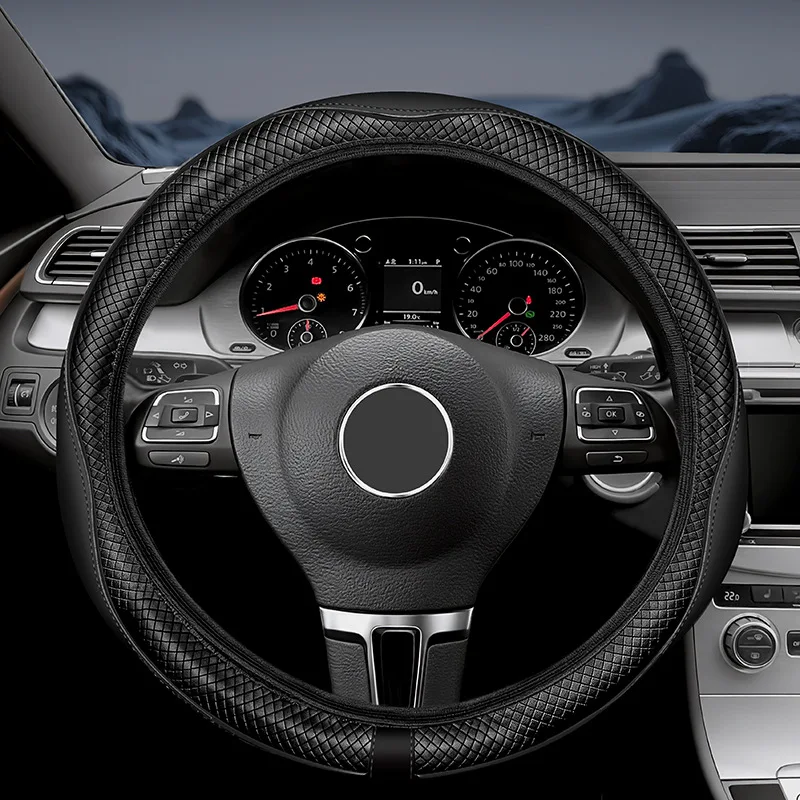 Car Steering Wheel Cover 1pc Anti-Slip Inner Diamond Embossed Faux Leather Soft Grip Universal Fit Auto Interior Accessories