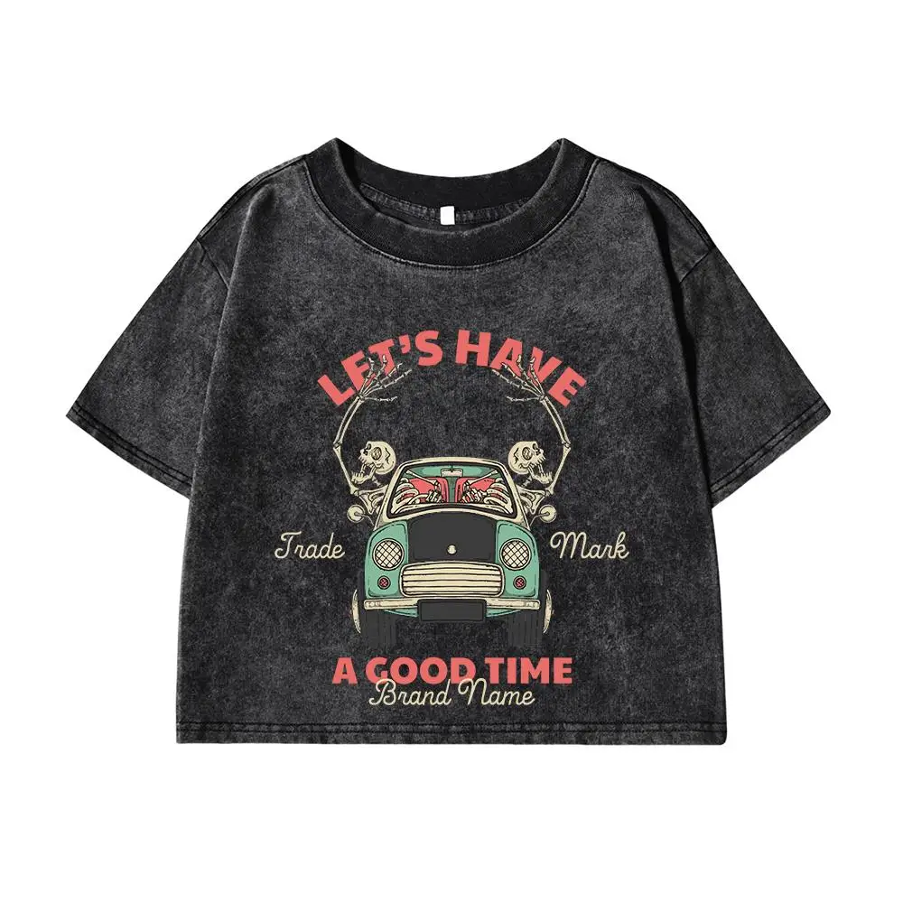 Frau Baumwolle Ernte T-Shirts Sommer Distressed O-Ausschnitt gewaschen T-Shirts Skelett Freunde machen eine Fahrt zusammen druckt Tops Street Clothes