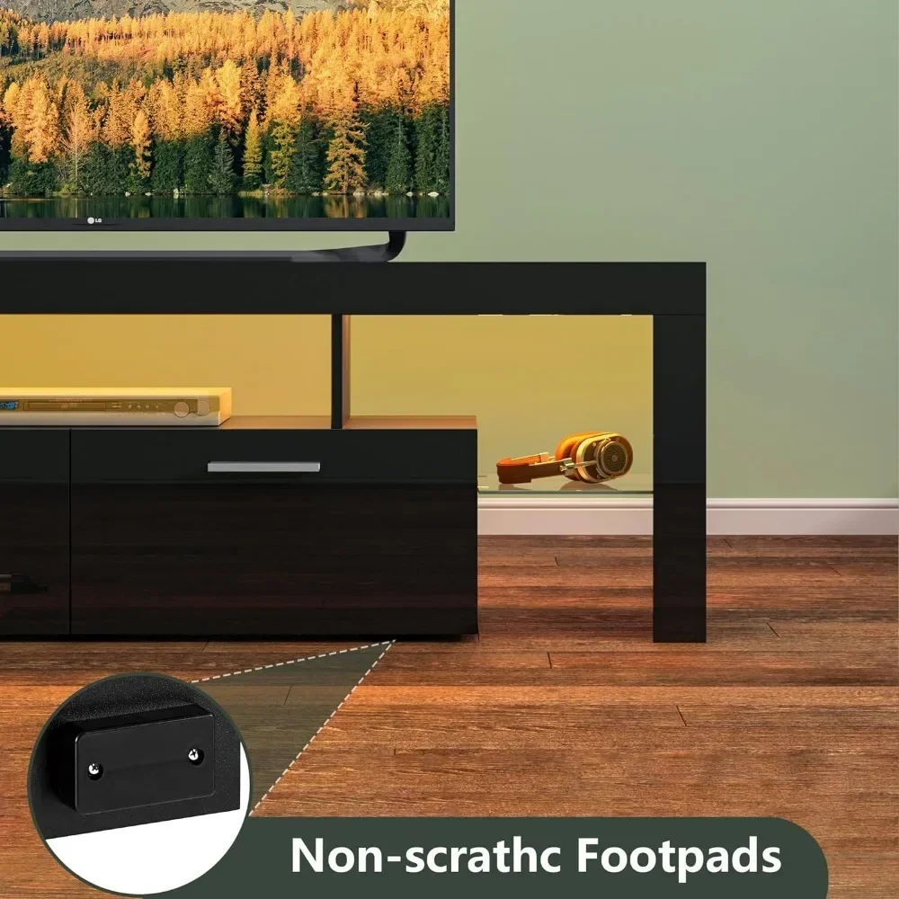 Led 63-Inch Tv-Standaard Met Grote Opberglade, Zwarte Houten Tv-Console Met Hoogglans Gaming-Entertainmentcentrum