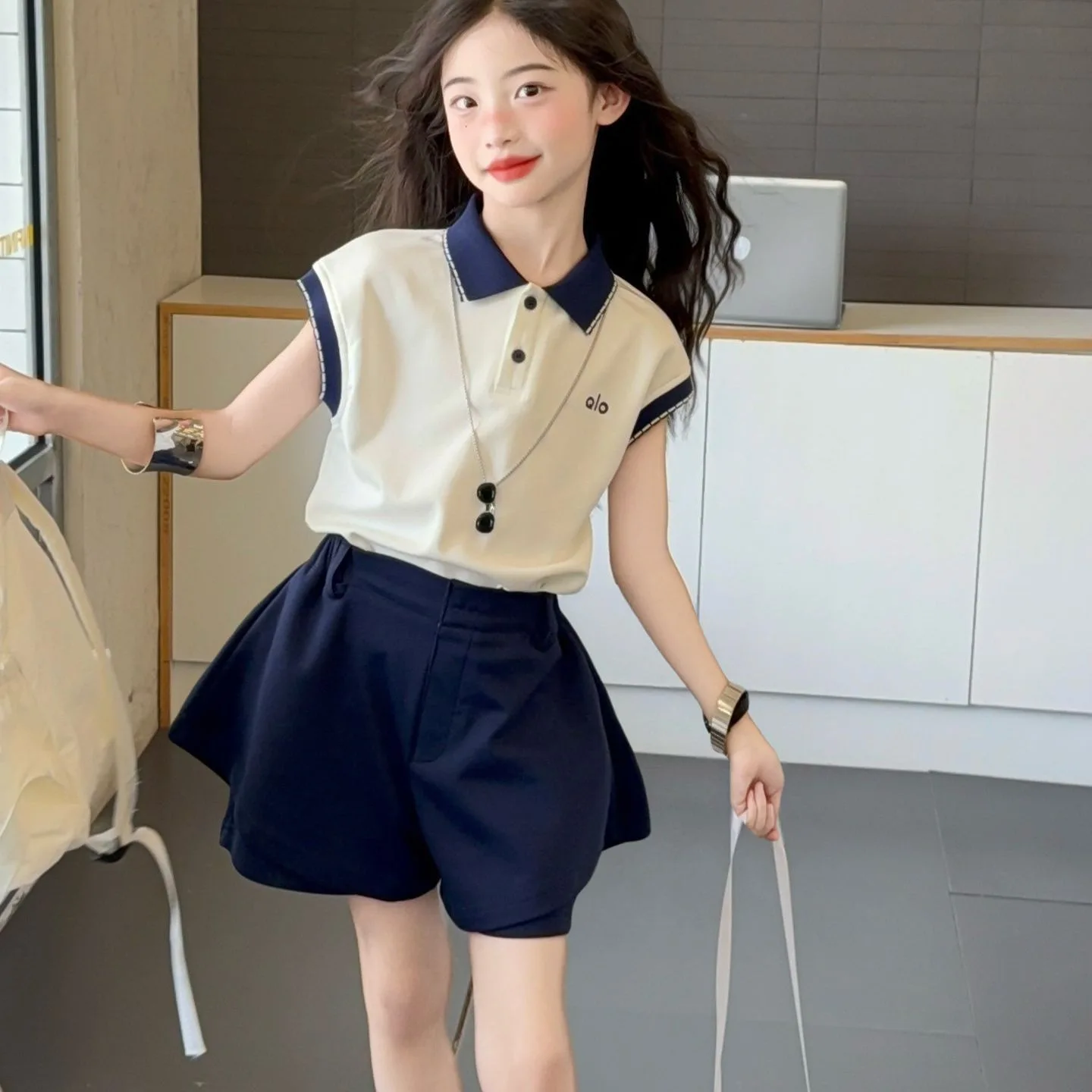 

2026 New Summer Girls Sweet Sports Two Piece Set Elegant Casual Loose Outfit For Middle And Older Kids Trendy Daily Wear
